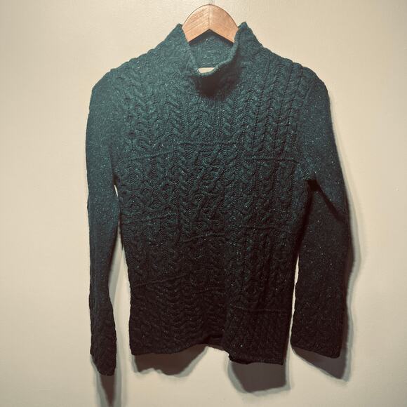 Aran Sweater Market Pullover Wool Cashmere Dark Teal Cable Knit Mock Neck M - Picture 1 of 9